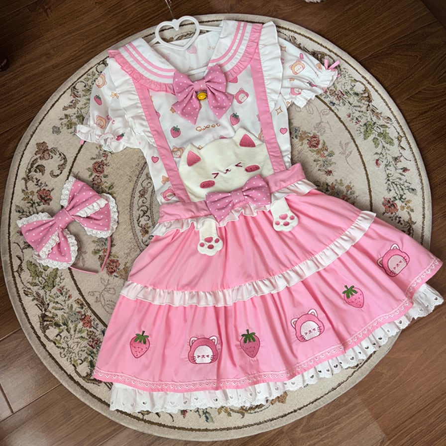 YUMEKAWA ♡ ( 2 colors ) Strawberry top & suspender skirt #set1