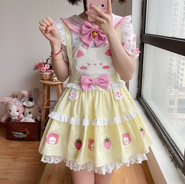 YUMEKAWA ♡ ( 2 colors ) Strawberry top & suspender skirt #set1