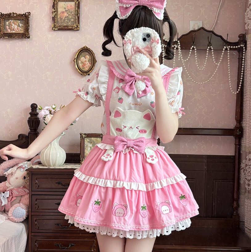 YUMEKAWA ♡ ( 2 colors ) Strawberry top & suspender skirt #set1