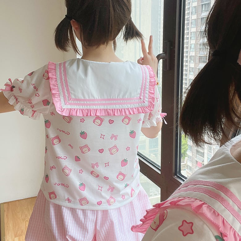 YUMEKAWA ♡ ( 2 colors ) Strawberry top & suspender skirt #set1