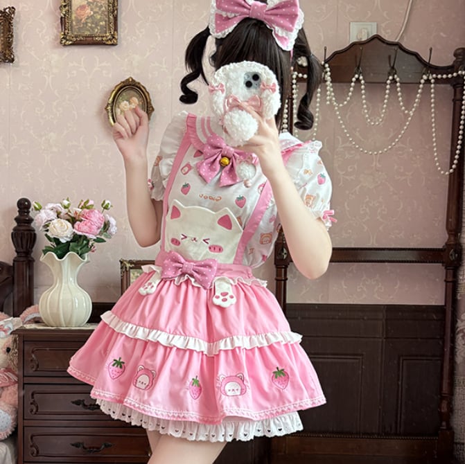 YUMEKAWA ♡ ( 2 colors ) Strawberry top & suspender skirt #set1