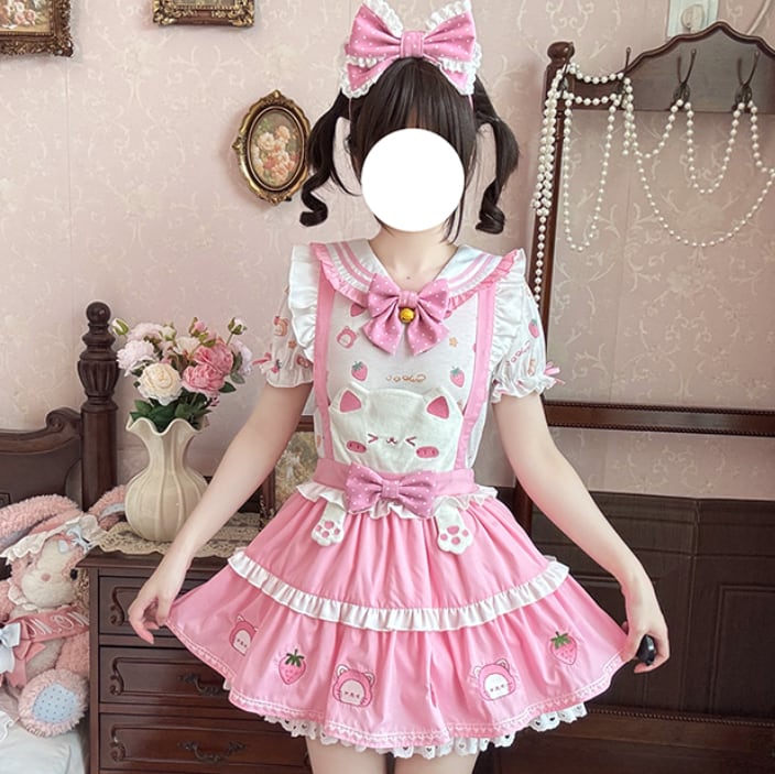 YUMEKAWA ♡ ( 2 colors ) Strawberry top & suspender skirt #set1