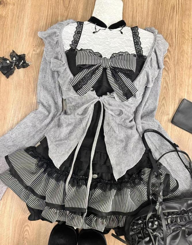 YUMEKAWA ♡ 3-piece set of top with ribbon , skirt and outerwear #set2