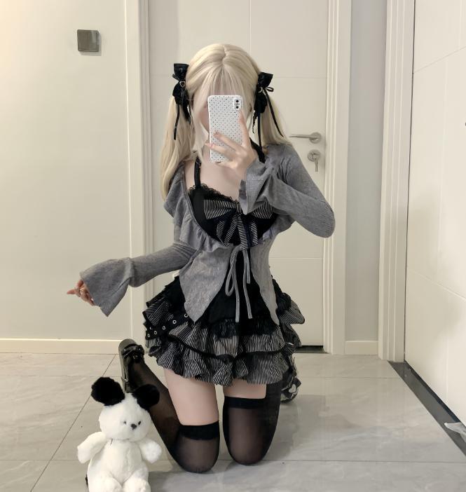 YUMEKAWA ♡ 3-piece set of top with ribbon , skirt and outerwear #set2