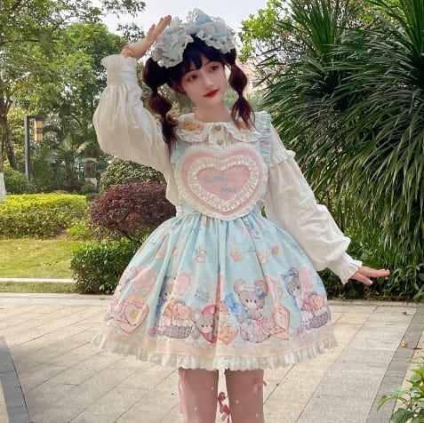 YUMEKAWA ♡ bear jumperskirt and ruffle blouse matching cloth #set23
