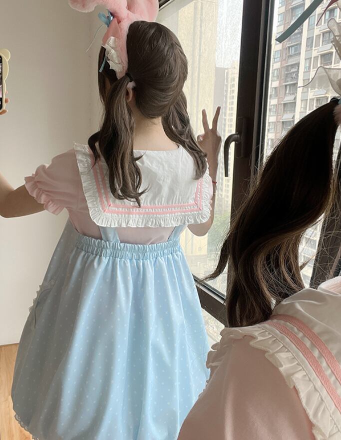 YUMEKAWA ♡ ( 4 colors ) Sailor T-shirt & Coverall #set26