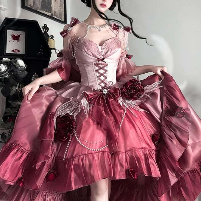 YUMEKAWA ♡ ( 5 colors ) Rose mullet dress with back ribbon #set26