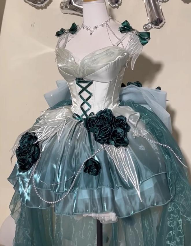 YUMEKAWA ♡ ( 5 colors ) Rose mullet dress with back ribbon #set26
