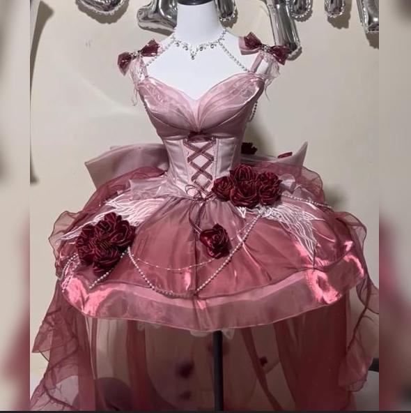 YUMEKAWA ♡ ( 5 colors ) Rose mullet dress with back ribbon #set26