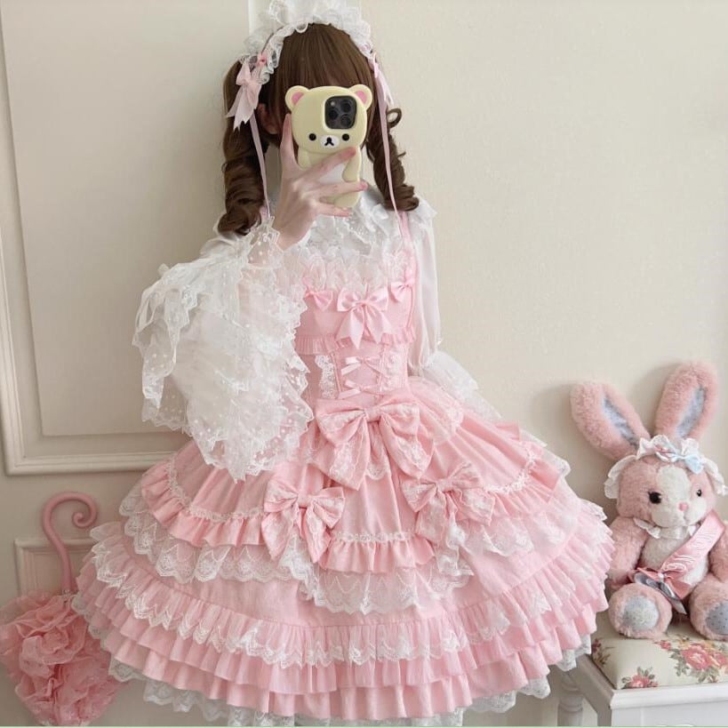 YUMEKAWA ♡ ( 4 colors ) 3 matching cloths with catsuit, ruffle blouse and jumper skirt with back ribbon #set27