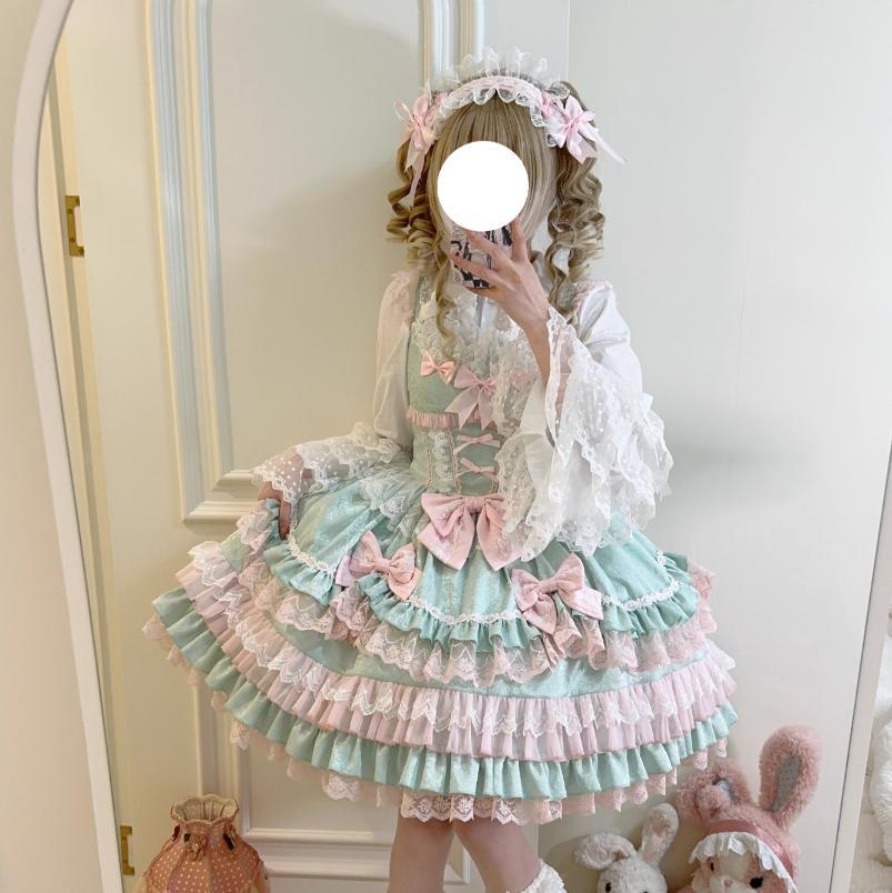 YUMEKAWA ♡ ( 4 colors ) 3 matching cloths with catsuit, ruffle blouse and jumper skirt with back ribbon #set27