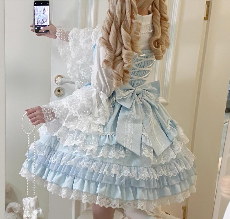 YUMEKAWA ♡ ( 4 colors ) 3 matching cloths with catsuit, ruffle blouse and jumper skirt with back ribbon #set27