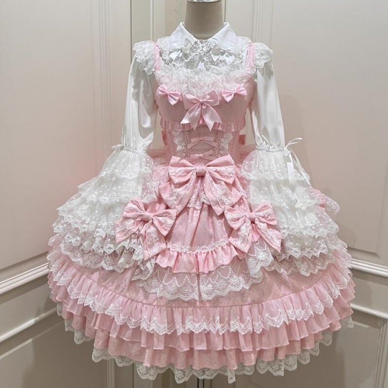 YUMEKAWA ♡ ( 4 colors ) 3 matching cloths with catsuit, ruffle blouse and jumper skirt with back ribbon #set27