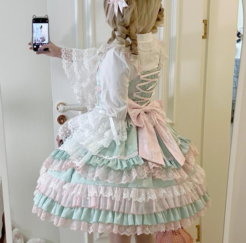 YUMEKAWA ♡ ( 4 colors ) 3 matching cloths with catsuit, ruffle blouse and jumper skirt with back ribbon #set27
