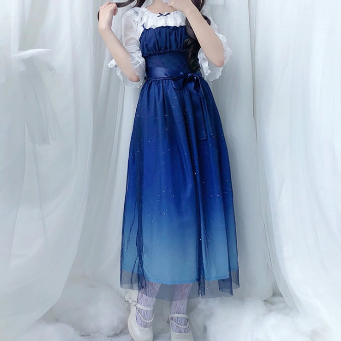 YUMEKAWA ♡ You can choose the length ♪ starry sky dress & chiffon blouse #set31