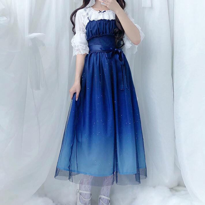 YUMEKAWA ♡ You can choose the length ♪ starry sky dress & chiffon blouse #set31