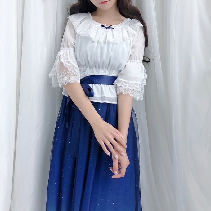 YUMEKAWA ♡ You can choose the length ♪ starry sky dress & chiffon blouse #set31