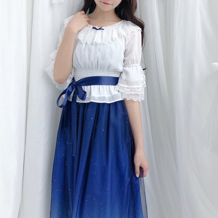 YUMEKAWA ♡ You can choose the length ♪ starry sky dress & chiffon blouse #set31