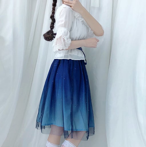 YUMEKAWA ♡ You can choose the length ♪ starry sky dress & chiffon blouse #set31