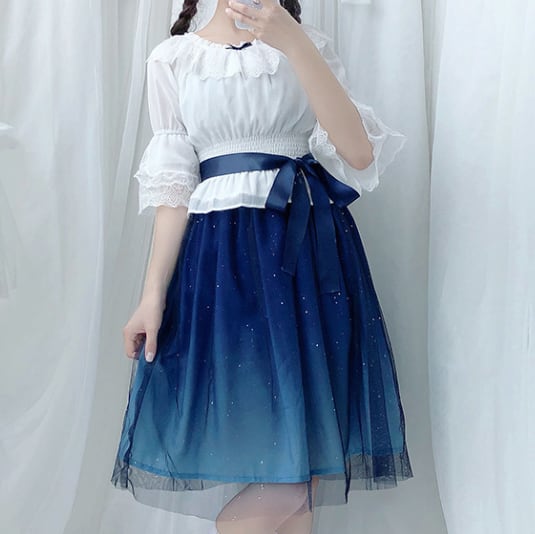 YUMEKAWA ♡ You can choose the length ♪ starry sky dress & chiffon blouse #set31