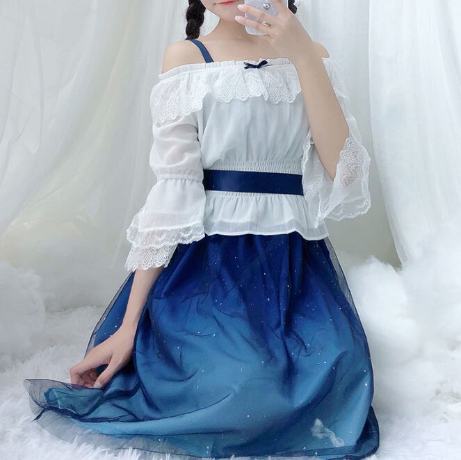 YUMEKAWA ♡ You can choose the length ♪ starry sky dress & chiffon blouse #set31