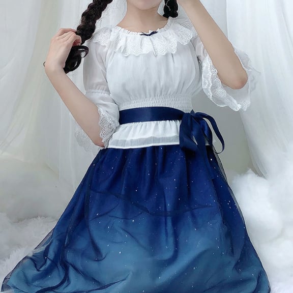 YUMEKAWA ♡ You can choose the length ♪ starry sky dress & chiffon blouse #set31