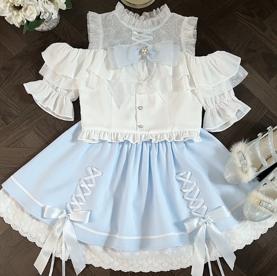 YUMEKAWA ♡ Laced up off the shoulder matching cloth with ribbon #set39