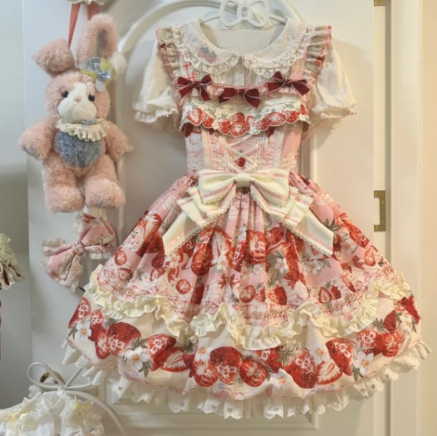 YUMEKAWA ♡ Strawberry jumperskirt & short sleeve blouse #set4