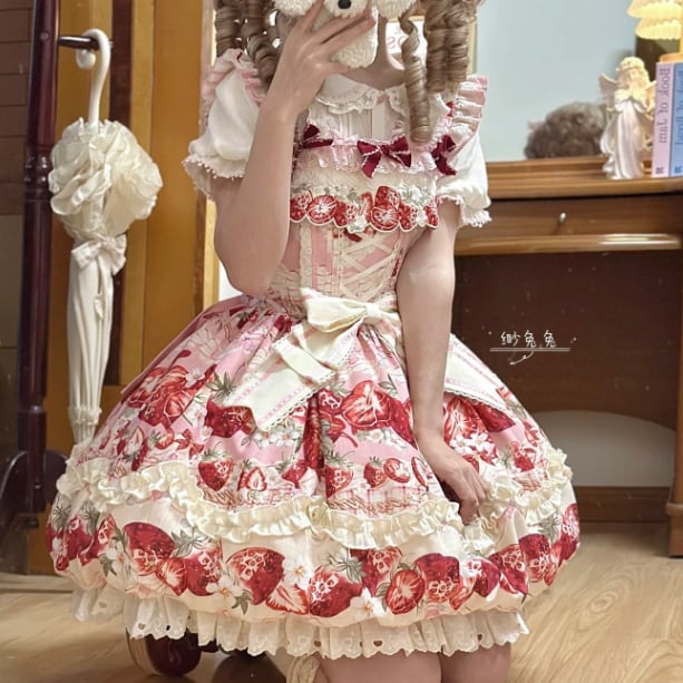 YUMEKAWA ♡ Strawberry jumperskirt & short sleeve blouse #set4
