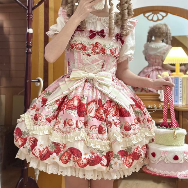 YUMEKAWA ♡ Strawberry jumperskirt & short sleeve blouse #set4