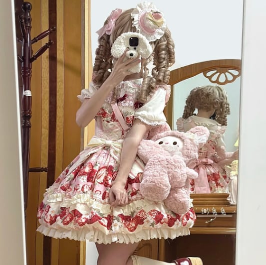YUMEKAWA ♡ Strawberry jumperskirt & short sleeve blouse #set4