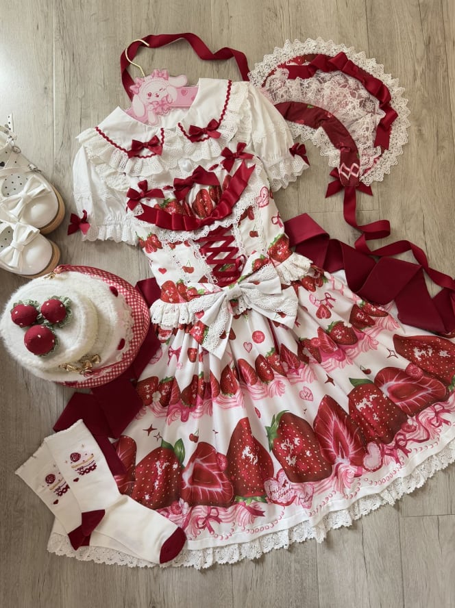YUMEKAWA ♡ ( 4 colors ) Petite ribbon blouse and Lolita jumperskirt matching cloth #set46
