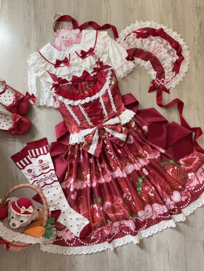 YUMEKAWA ♡ ( 4 colors ) Petite ribbon blouse and Lolita jumperskirt matching cloth #set46
