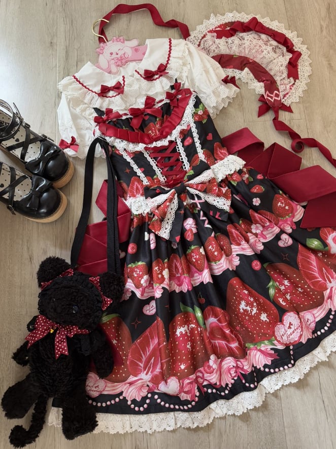 YUMEKAWA ♡ ( 4 colors ) Petite ribbon blouse and Lolita jumperskirt matching cloth #set46