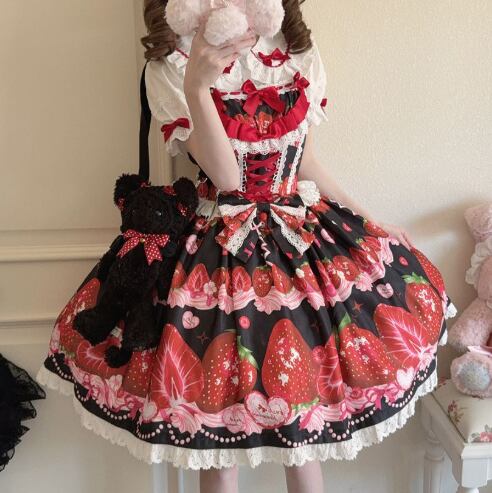 YUMEKAWA ♡ ( 4 colors ) Petite ribbon blouse and Lolita jumperskirt matching cloth #set46