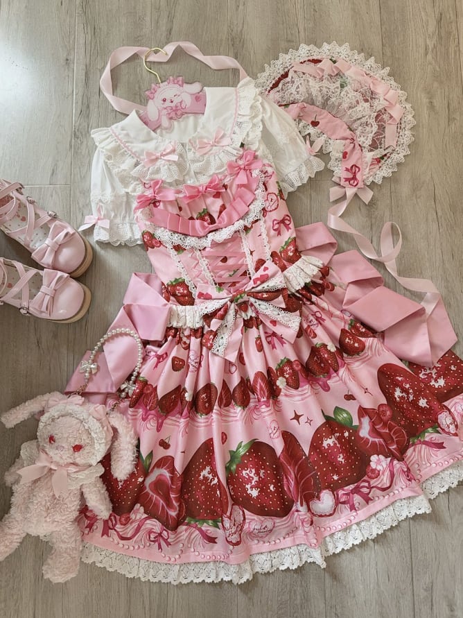 YUMEKAWA ♡ ( 4 colors ) Petite ribbon blouse and Lolita jumperskirt matching cloth #set46
