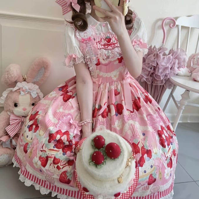 YUMEKAWA ♡ Short-sleeved innerwear and strawberry jumperskirt #set50