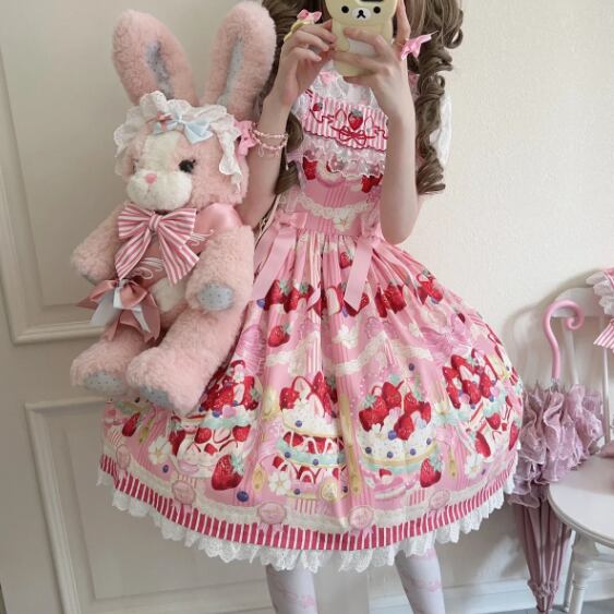 YUMEKAWA ♡ Short-sleeved innerwear and strawberry jumperskirt #set50