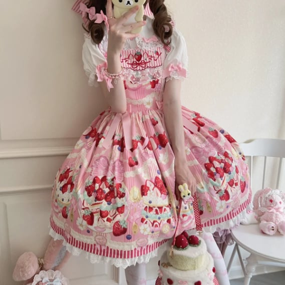 YUMEKAWA ♡ Short-sleeved innerwear and strawberry jumperskirt #set50