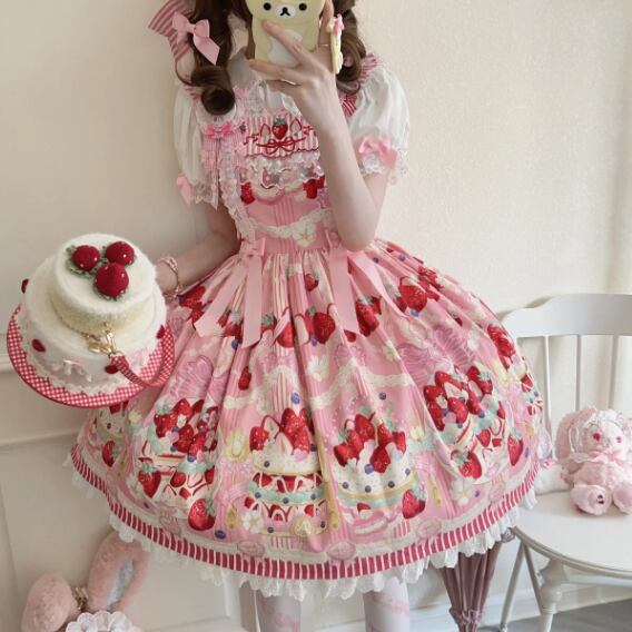 YUMEKAWA ♡ Short-sleeved innerwear and strawberry jumperskirt #set50