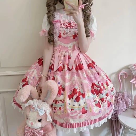 YUMEKAWA ♡ Short-sleeved innerwear and strawberry jumperskirt #set50