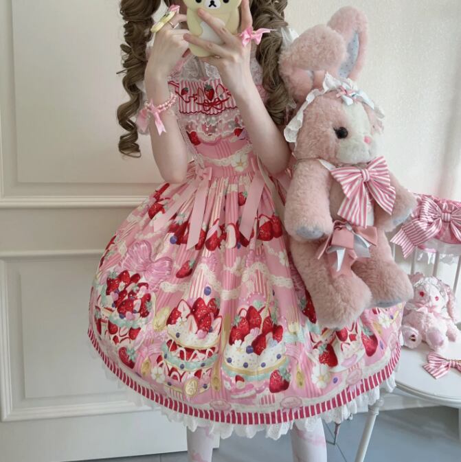 YUMEKAWA ♡ Short-sleeved innerwear and strawberry jumperskirt #set50