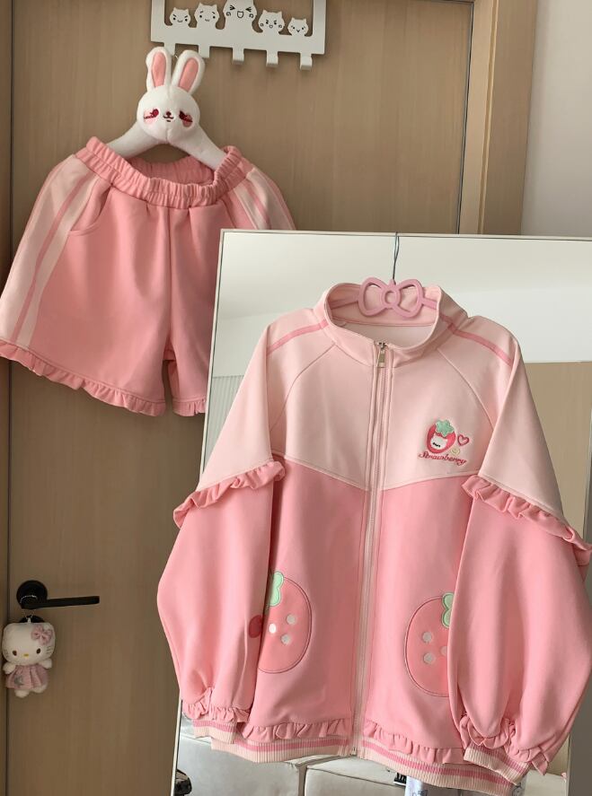 YUMEKAWA ♡ Strawberry Frilled Jersey matching cloth #set52