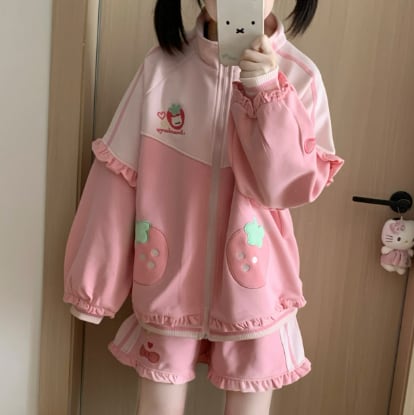 YUMEKAWA ♡ Strawberry Frilled Jersey matching cloth #set52
