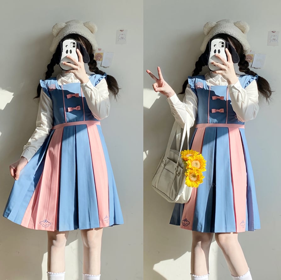 YUMEKAWA ♡ ( 2 colors ) top & overalls dress #set71