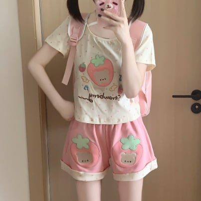 YUMEKAWA ♡ matching cloth with cute bear and strawberry design #set73