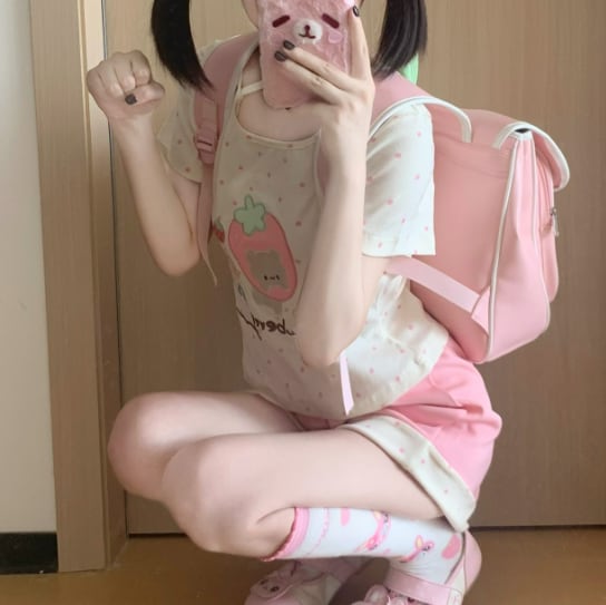 YUMEKAWA ♡ matching cloth with cute bear and strawberry design #set73