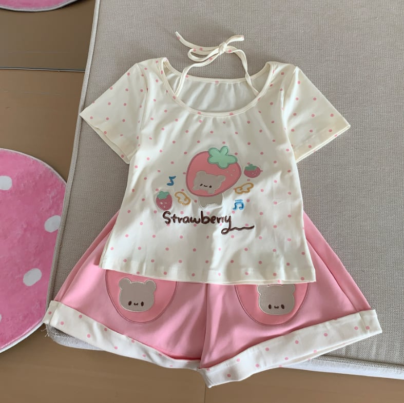 YUMEKAWA ♡ matching cloth with cute bear and strawberry design #set73