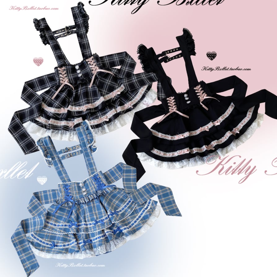 YUMEKAWA ♡ ( 3 colors ) Glen Check Suspender Skirt #suka12