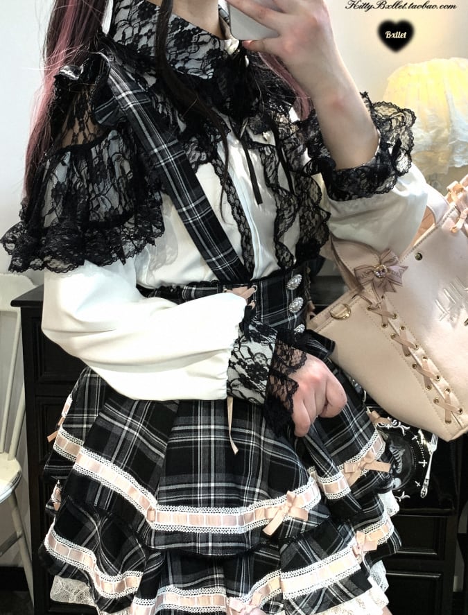 YUMEKAWA ♡ ( 3 colors ) Glen Check Suspender Skirt #suka12